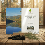 Memorial tree planting card with scenic Georgia landscape and text on a wooden surface.