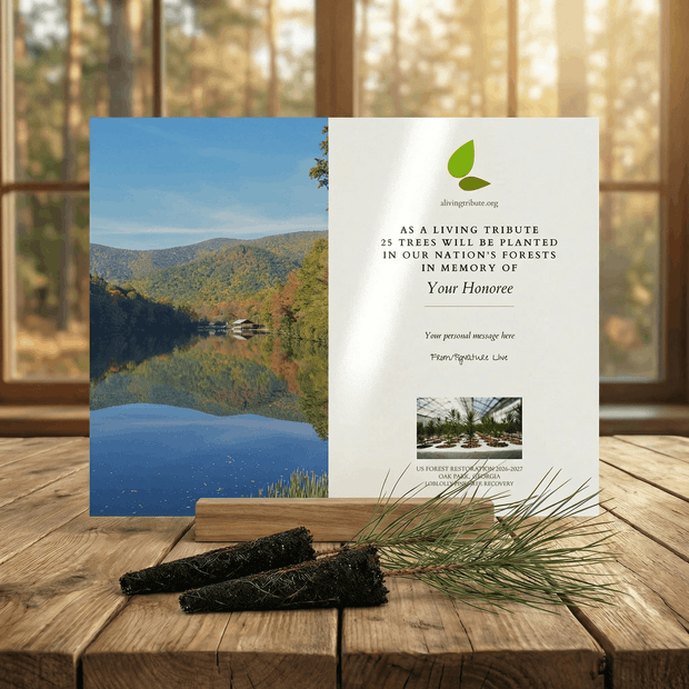 Memorial tree planting card with scenic Georgia landscape and text on a wooden surface.