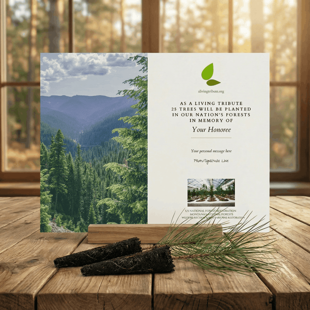 Memorial card with mountain view and tree planting information on a wooden surface.
