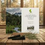 Memorial card with nature scene and text on a wooden surface
