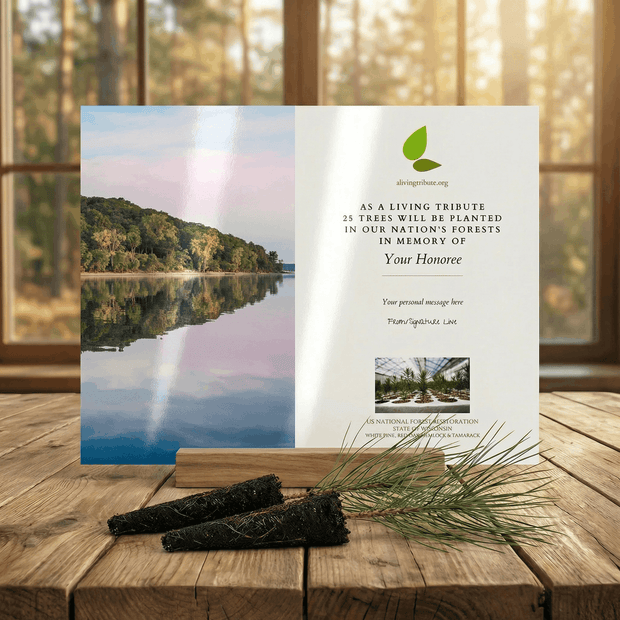 Memorial card with nature-themed design on a wooden surface