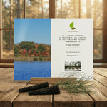Memorial tree planting card with a scenic lake and forest background on a wooden surface.