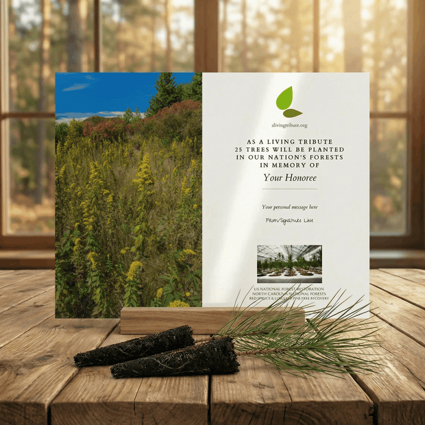 Memorial card for planting trees in memory of a deceased person on a wooden surface with a blurred forest background.