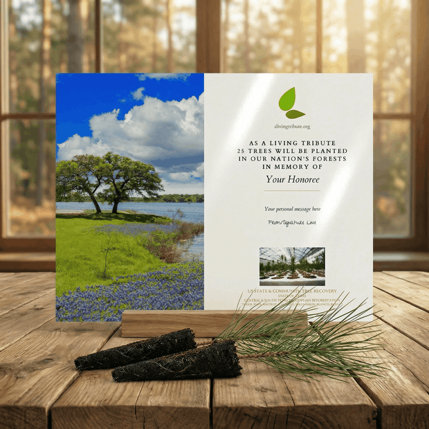 Memorial card with nature scene and text on a wooden surface