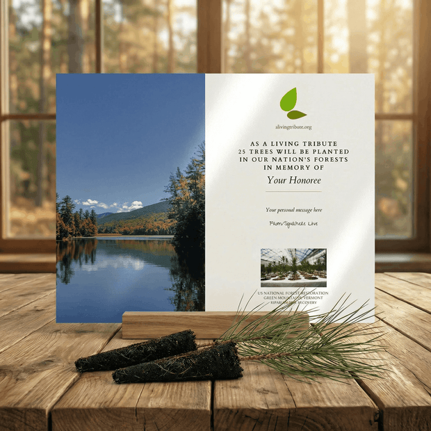 Memorial tree planting card with nature scene and text on a wooden surface
