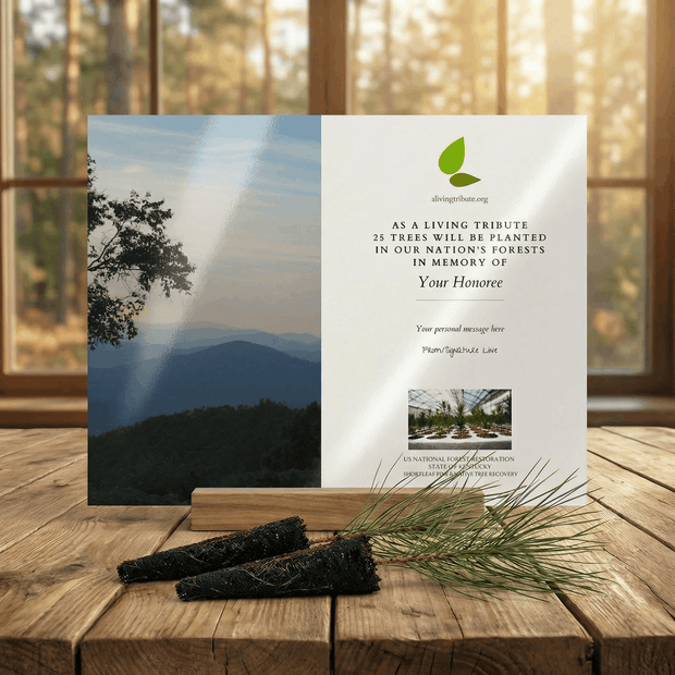Memorial card with mountain view and tree planting information on a wooden surface.