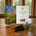 Memorial card for planting trees with a scenic view of trees and a sprig of pine on a wooden surface.