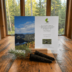 Memorial card with tree planting message on a wooden surface with a forest view.