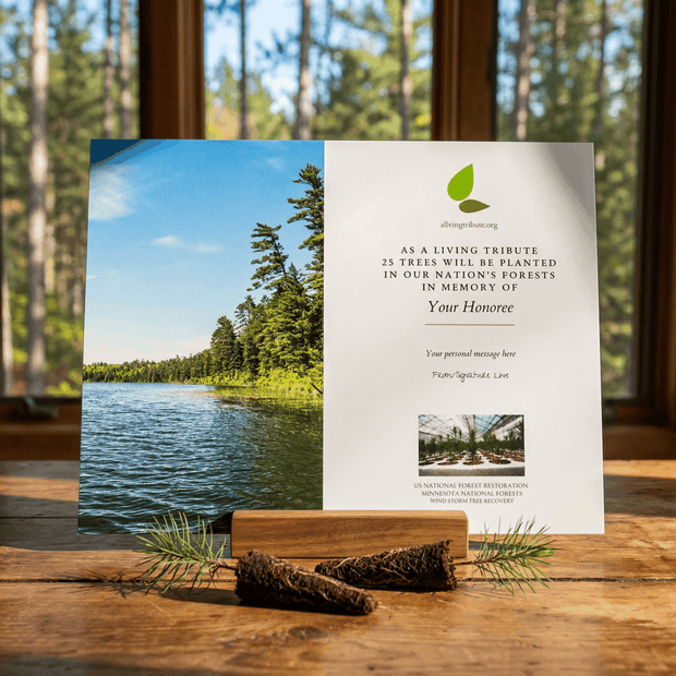 Memorial card for tree planting in honor of a deceased person with a scenic lake and forest background.