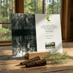 Memorial card for planting trees with a forest image and saplings on a wooden surface.