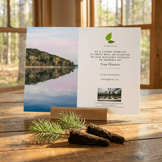 Memorial card with a scenic photo of a lake and trees, placed on a wooden surface with a natural background.