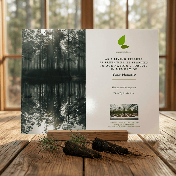Memorial card for a living tribute with a forest image and text on a wooden surface.