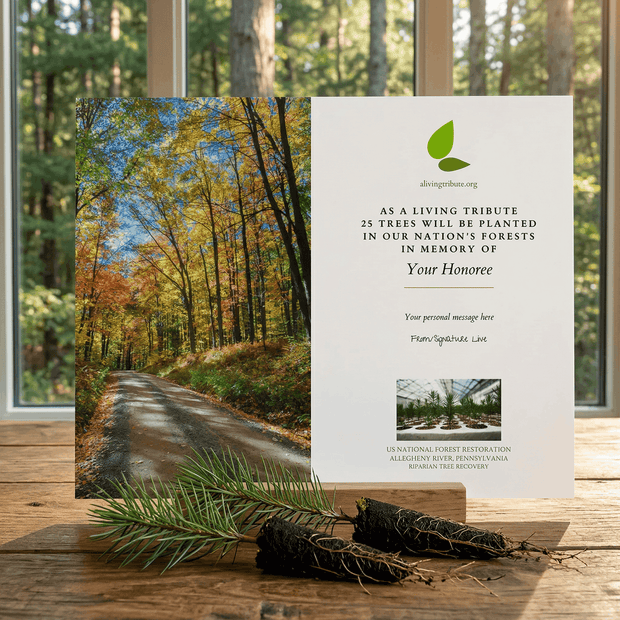 Memorial card with autumn forest scene and tree sapling on a wooden surface.