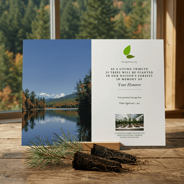 Memorial card for planting trees in memory of a deceased person with a scenic lake and forest background.