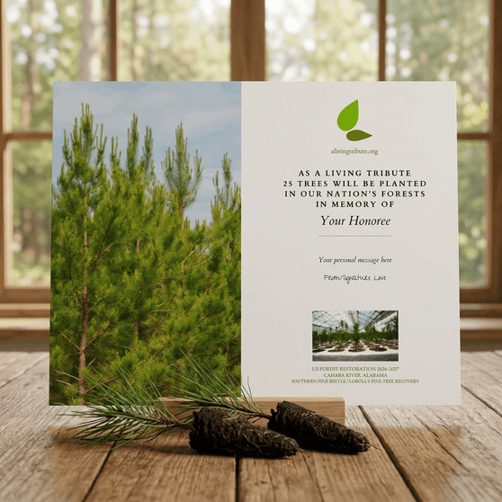 Memorial tree card with Alabama tree planting message on a wooden surface with a forest background