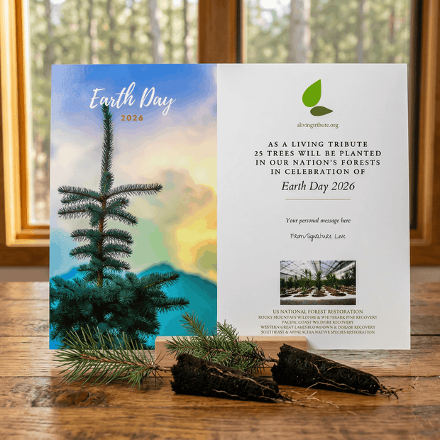 Earth Day 2026 card with tree illustration and text on a wooden surface