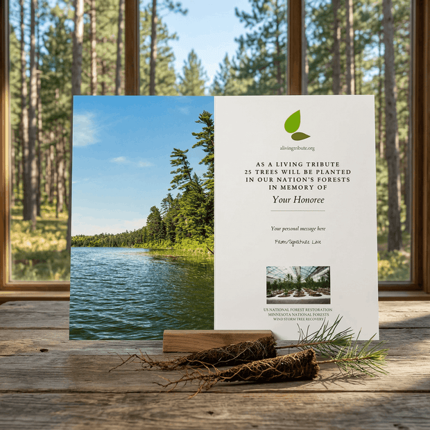 Nature-themed card with a scenic lake and forest view, placed on a wooden surface.