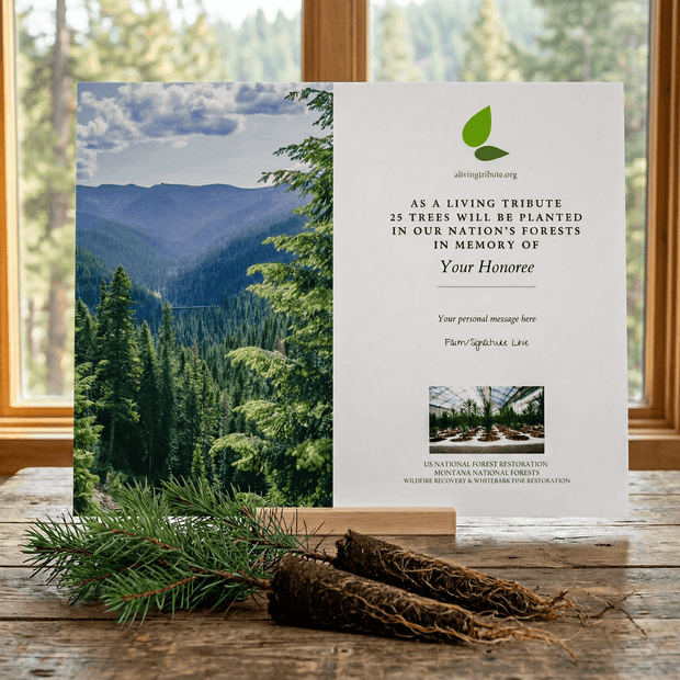 Memorial tree planting card with scenic forest background on a wooden surface.