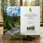 Memorial tree planting card with forest scene and text on a wooden surface.