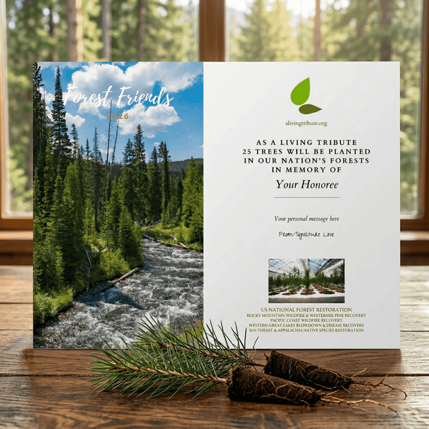 Memorial tree planting card with forest scene and text on a wooden surface.