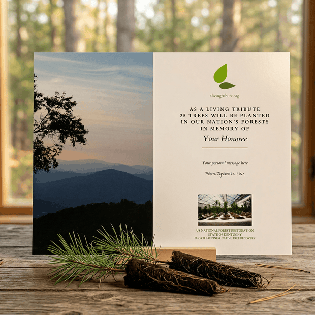 Card with scenic view of mountains and trees, placed on a wooden surface with natural elements.