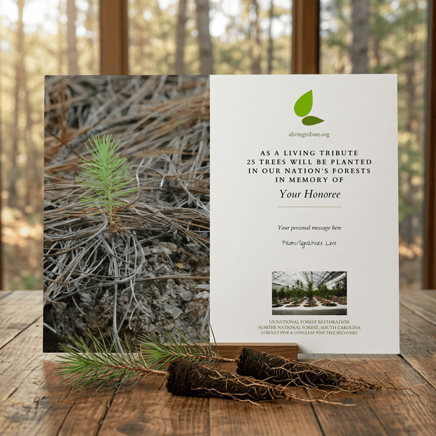 Card with tree planting tribute on a wooden surface with a forest background
