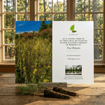 Nature-themed product with text and forest image on a wooden surface