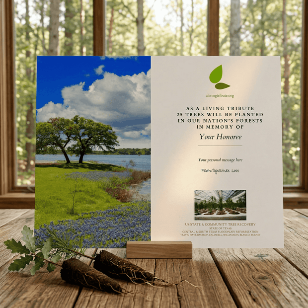 Memorial card with scenic landscape and text on a wooden surface with natural background