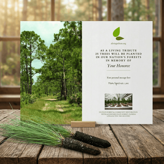 Memorial card for planting trees with a forest background on a wooden surface.