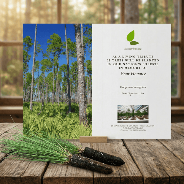 Memorial card for planting trees with a forest background on a wooden surface.