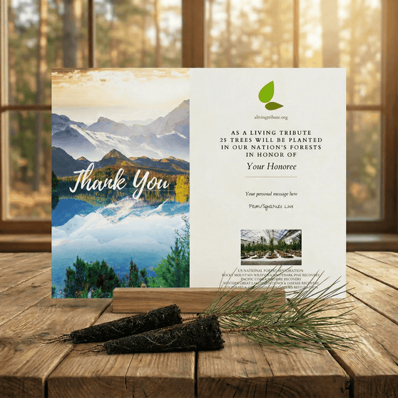 Thank you greeting card with mountain landscape and tree planting message on a wooden surface.