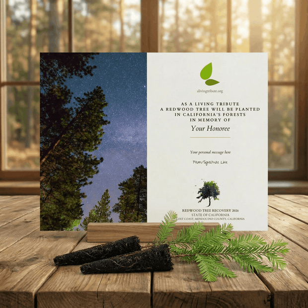 Memorial card for planting a redwood tree with nature-themed design on a wooden surface.