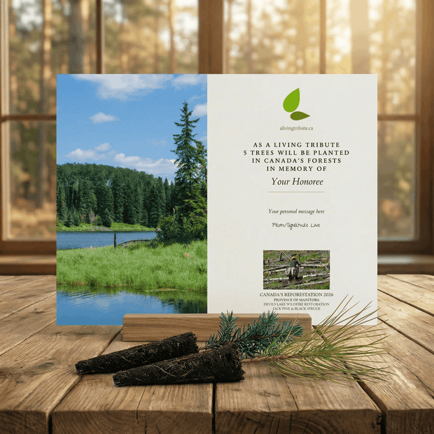 Memorial card with tree planting message on a wooden surface with a scenic background